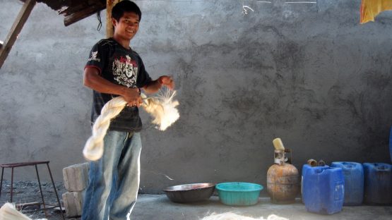 An artisan prepares abaca fibre for dyeing
