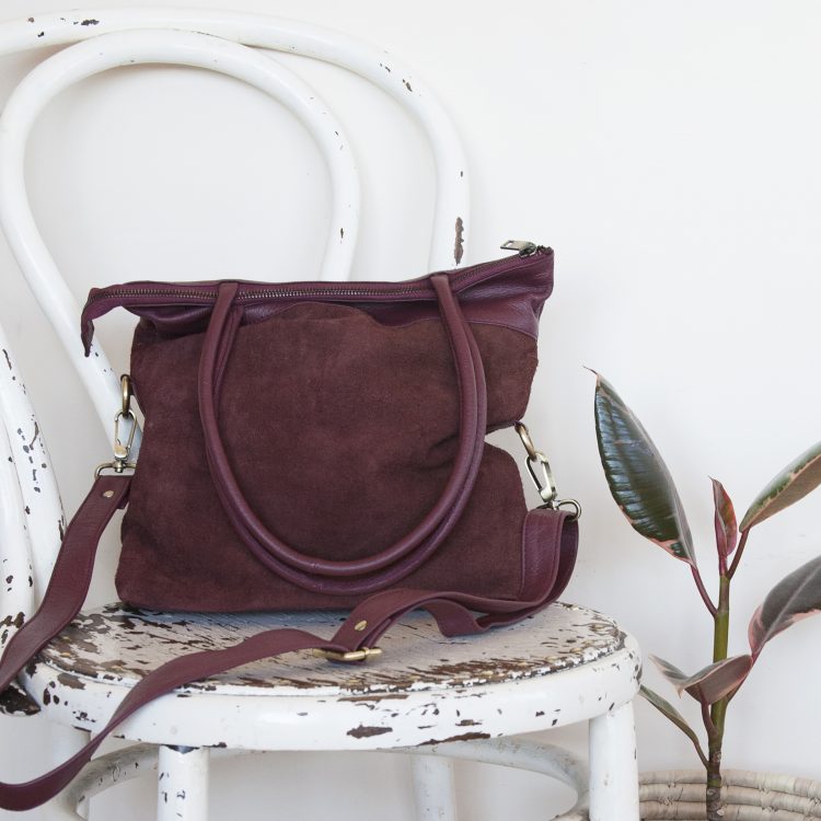 Aubergine suede and leather shoulder bag | TradeAid