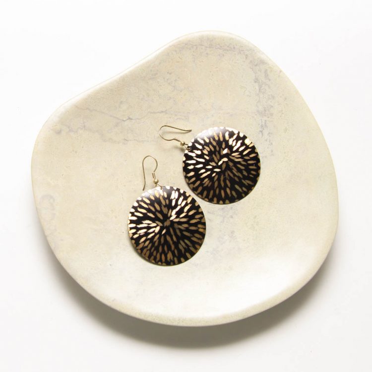 Black and brass etched disc earrings | TradeAid
