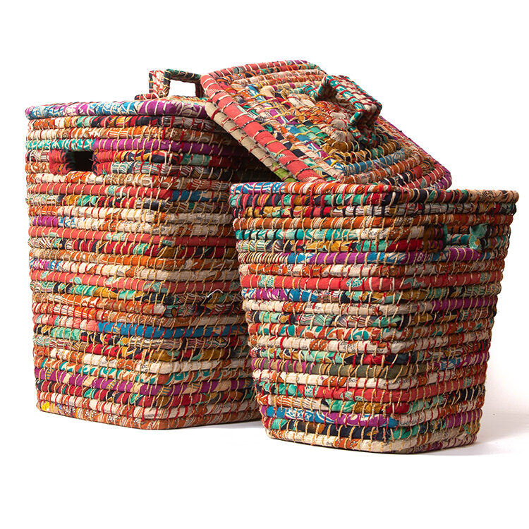 Recycled sari laundry hamper (set of two)
